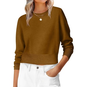 image:imageANRABESS Womens Long Sleeve Sweaters Cropped Crew Neck  Business Casual TopsLight Weight Comfy KnitPullover ShortSweaterBasic ClassicFall Fashion Winter Layer ClothesCaramel