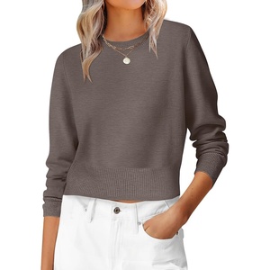 image:imageANRABESS Womens Long Sleeve Sweaters Cropped Crew Neck  Business Casual TopsLight Weight Comfy KnitPullover ShortSweaterBasic ClassicFall Fashion Winter Layer ClothesCoffee