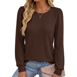 image:imageANRABESS Womens Long Sleeve Waffle Knit Basic Shirts  Soft Comfy Loose Fit Tunic Tops Crew Neck Curved Hem Business Casual Dressy Blouses Trendy Fall Winter OutfitsBrown