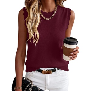 image:imageANRABESS Womens Sleeveless Scallop Knit Sweater Vest  Tank Tops Soft Blend Crew Neck Pullover Wavy Hem Regular Fit Preppy Y2K Style Lightweight Summer Fall 2026 Casual ChicDrak Red