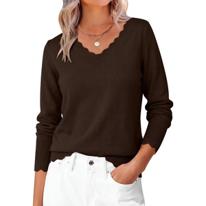 image:imageANRABESS Womens Sweaters V Neck Scallop Long Sleeve Pullover  Soft Lightweight Knit Top Cute Ribbed Cuff Loose Fit Casual Basic Elegant Office Work Daily Wear Fall Spring OutfitsCoffee