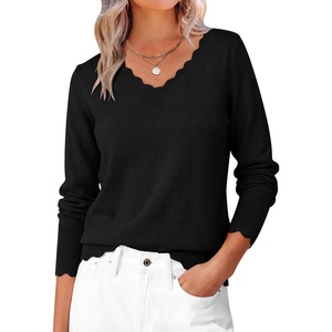 image:imageANRABESS Womens Sweaters V Neck Scallop Long Sleeve Pullover  Soft Lightweight Knit Top Cute Ribbed Cuff Loose Fit Casual Basic Elegant Office Work Daily Wear Fall Spring OutfitsBlack