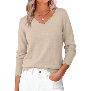 image:imageANRABESS Womens Sweaters V Neck Scallop Long Sleeve Pullover  Soft Lightweight Knit Top Cute Ribbed Cuff Loose Fit Casual Basic Elegant Office Work Daily Wear Fall Spring OutfitsAlmond
