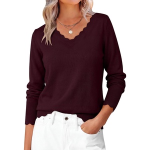 image:imageANRABESS Womens Sweaters V Neck Scallop Long Sleeve Pullover  Soft Lightweight Knit Top Cute Ribbed Cuff Loose Fit Casual Basic Elegant Office Work Daily Wear Fall Spring OutfitsDrak Red