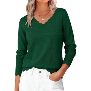 image:imageANRABESS Womens Sweaters V Neck Scallop Long Sleeve Pullover  Soft Lightweight Knit Top Cute Ribbed Cuff Loose Fit Casual Basic Elegant Office Work Daily Wear Fall Spring OutfitsForest Green