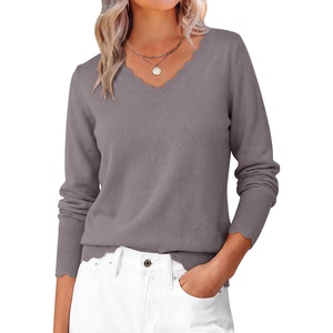image:imageANRABESS Womens Sweaters V Neck Scallop Long Sleeve Pullover  Soft Lightweight Knit Top Cute Ribbed Cuff Loose Fit Casual Basic Elegant Office Work Daily Wear Fall Spring OutfitsNutmeg