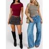 image:imageANRABESS Womens Cap Sleeve Boat Neck Ruched Crop Top Soft Ribbed Slim Fitted Tee Going Out Casual Shirt for SummerDeep Red
