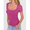 image:imageANRABESS Womens Short Sleeve Shirts Scoop Neck Lace Going Out Tops Slim Fit Rib Knit Casual Tee 2026 Summer Fashion OutfitsHot Pink