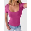 image:imageANRABESS Womens Short Sleeve Shirts Scoop Neck Lace Going Out Tops Slim Fit Rib Knit Casual Tee 2026 Summer Fashion OutfitsHot Pink