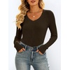 image:imageANRABESS Womens VNeck Ribbed Kint Fitted Long Sleeve Shirts  Soft lightweight Slim Fit Tops Work Going Out Layering Tshirts Casual Basic 2026 Fall Winter OutfitsBrown