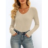 image:imageANRABESS Womens VNeck Ribbed Kint Fitted Long Sleeve Shirts  Soft lightweight Slim Fit Tops Work Going Out Layering Tshirts Casual Basic 2026 Fall Winter OutfitsBeige
