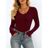 image:imageANRABESS Womens VNeck Ribbed Kint Fitted Long Sleeve Shirts  Soft lightweight Slim Fit Tops Work Going Out Layering Tshirts Casual Basic 2026 Fall Winter OutfitsBurgundy