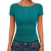 image:imageANRABESS Womens Cap Sleeve Boat Neck Ruched Crop Top Soft Ribbed Slim Fitted Tee Going Out Casual Shirt for SummerTeal