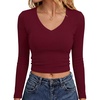 image:imageANRABESS Womens Long Sleeve V Neck Crop Tops  Slim Fit Ribbed Knit Shirts Comfy Soft Layering Top Basic Casual Daily Wear Undershirts Fall Spring Transition OutfitsWine Red