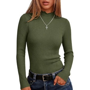 image:imageANRABESS Long Sleeve Mock Neck Tops for Women Knit Shirts  Lettuce Trim Ribbed Fitted Shirt Soft Lightweight Layer Basic Tee Work Going Out Tshirts Business Casual Fall Daily WearArmy Green