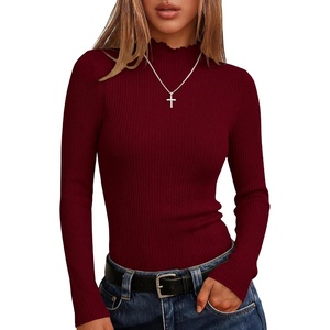 image:imageANRABESS Long Sleeve Mock Neck Tops for Women Knit Shirts  Lettuce Trim Ribbed Fitted Shirt Soft Lightweight Layer Basic Tee Work Going Out Tshirts Business Casual Fall Daily WearRed