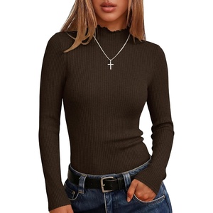 image:imageANRABESS Long Sleeve Mock Neck Tops for Women Knit Shirts  Lettuce Trim Ribbed Fitted Shirt Soft Lightweight Layer Basic Tee Work Going Out Tshirts Business Casual Fall Daily WearBrown