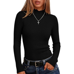 image:imageANRABESS Long Sleeve Mock Neck Tops for Women Knit Shirts  Lettuce Trim Ribbed Fitted Shirt Soft Lightweight Layer Basic Tee Work Going Out Tshirts Business Casual Fall Daily WearBlack