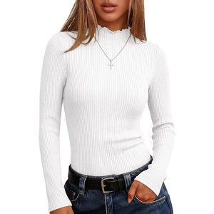 image:imageANRABESS Long Sleeve Mock Neck Tops for Women Knit Shirts  Lettuce Trim Ribbed Fitted Shirt Soft Lightweight Layer Basic Tee Work Going Out Tshirts Business Casual Fall Daily WearWhite