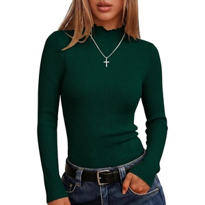 image:imageANRABESS Long Sleeve Mock Neck Tops for Women Knit Shirts  Lettuce Trim Ribbed Fitted Shirt Soft Lightweight Layer Basic Tee Work Going Out Tshirts Business Casual Fall Daily WearGreen