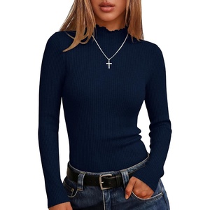 image:imageANRABESS Long Sleeve Mock Neck Tops for Women Knit Shirts  Lettuce Trim Ribbed Fitted Shirt Soft Lightweight Layer Basic Tee Work Going Out Tshirts Business Casual Fall Daily WearNavy Blue