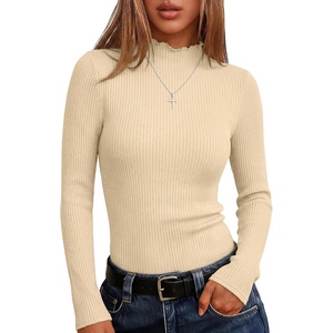 image:imageANRABESS Long Sleeve Mock Neck Tops for Women Knit Shirts  Lettuce Trim Ribbed Fitted Shirt Soft Lightweight Layer Basic Tee Work Going Out Tshirts Business Casual Fall Daily WearBeige