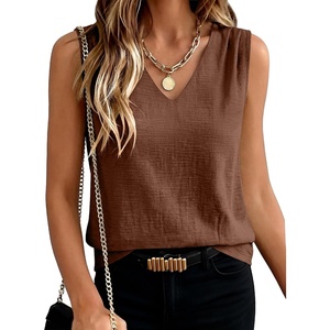 image:imageANRABESS Women Tank Tops Ruched Shoulder Dressy Blouse Business Casual Outfits Sleeveless V Neck Shirt Beach Vacation ClothesCoffee