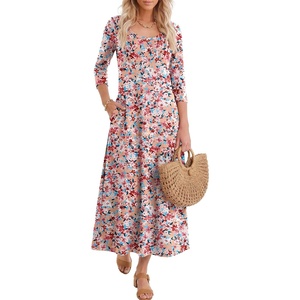 image:imageANRABESS Womens 34 Sleeve Scoop Neck Casual Maxi Dress  Fall MidiLong Dresses ampPockets ALine Relax FitSoft Breathable Travel Vacation AllDay Wear Spring Transition OutfitsPink Floral