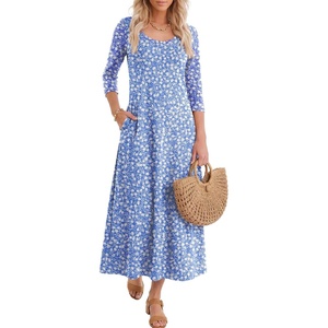 image:imageANRABESS Womens 34 Sleeve Scoop Neck Casual Maxi Dress  Fall MidiLong Dresses ampPockets ALine Relax FitSoft Breathable Travel Vacation AllDay Wear Spring Transition OutfitsBlue Floral