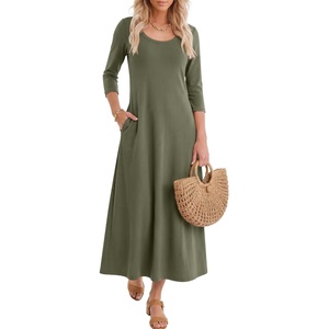 image:imageANRABESS Womens 34 Sleeve Scoop Neck Casual Maxi Dress  Fall MidiLong Dresses ampPockets ALine Relax FitSoft Breathable Travel Vacation AllDay Wear Spring Transition OutfitsArmy Green