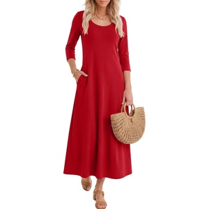 image:imageANRABESS Womens 34 Sleeve Scoop Neck Casual Maxi Dress  Fall MidiLong Dresses ampPockets ALine Relax FitSoft Breathable Travel Vacation AllDay Wear Spring Transition OutfitsRed