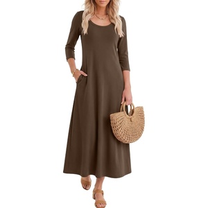 image:imageANRABESS Womens 34 Sleeve Scoop Neck Casual Maxi Dress  Fall MidiLong Dresses ampPockets ALine Relax FitSoft Breathable Travel Vacation AllDay Wear Spring Transition OutfitsCoffee