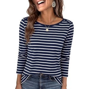image:imageANRABESS Womens Boat Neck 34 Sleeve Top 2026 Summer Fall Fashion T Shirt  Soft Stretchy Breathable StripedSolidPrinted Basic Tees Casual amp Work Wear Travel Vacation Outfits AllSeason ClothingWhite Navy Stripe