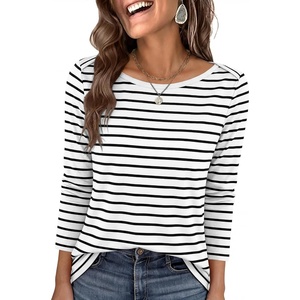 image:imageANRABESS Womens Boat Neck 34 Sleeve Top 2026 Summer Fall Fashion T Shirt  Soft Stretchy Breathable StripedSolidPrinted Basic Tees Casual amp Work Wear Travel Vacation Outfits AllSeason ClothingBlack White Stripe