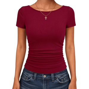 image:imageANRABESS Womens Cap Sleeve Boat Neck Ruched Crop Top Soft Ribbed Slim Fitted Tee Going Out Casual Shirt for SummerDeep Red