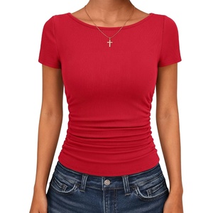image:imageANRABESS Womens Cap Sleeve Boat Neck Ruched Crop Top Soft Ribbed Slim Fitted Tee Going Out Casual Shirt for SummerRed