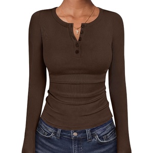 image:imageANRABESS Womens Long Sleeve Henley Tops  Ribbed Knit Shirts Slim Fit Stretchy Soft Breathable Fabric Fall Winter Layer Casual Work Travel VacationEvery Day WearDeep Brown