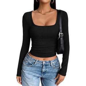 image:imageANRABESS Womens Long Sleeve Square Neck Fitted Crop Tops  Ribbed Knit Slim Fit Shirts Soft Comfy Stretchy Lightweight Tees Basic Casual Going Out Daily Wear Cozy Fall Winter LayerBlack