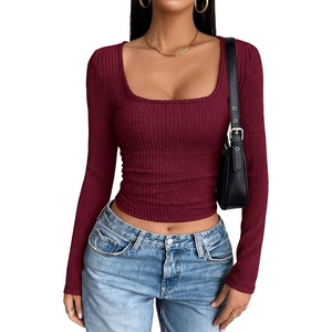 image:imageANRABESS Womens Long Sleeve Square Neck Fitted Crop Tops  Ribbed Knit Slim Fit Shirts Soft Comfy Stretchy Lightweight Tees Basic Casual Going Out Daily Wear Cozy Fall Winter LayerBurgundy