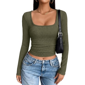 image:imageANRABESS Womens Long Sleeve Square Neck Fitted Crop Tops  Ribbed Knit Slim Fit Shirts Soft Comfy Stretchy Lightweight Tees Basic Casual Going Out Daily Wear Cozy Fall Winter LayerArmy Green