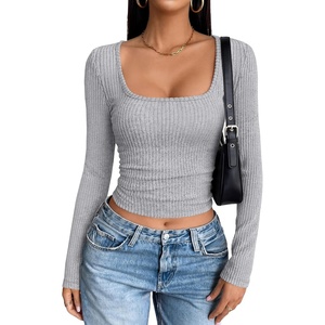 image:imageANRABESS Womens Long Sleeve Square Neck Fitted Crop Tops  Ribbed Knit Slim Fit Shirts Soft Comfy Stretchy Lightweight Tees Basic Casual Going Out Daily Wear Cozy Fall Winter LayerGrey