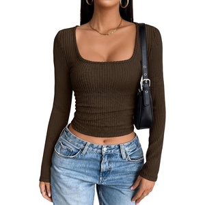 image:imageANRABESS Womens Long Sleeve Square Neck Fitted Crop Tops  Ribbed Knit Slim Fit Shirts Soft Comfy Stretchy Lightweight Tees Basic Casual Going Out Daily Wear Cozy Fall Winter LayerBrown