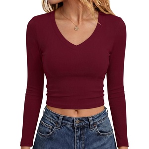 image:imageANRABESS Womens Long Sleeve V Neck Crop Tops  Slim Fit Ribbed Knit Shirts Comfy Soft Layering Top Basic Casual Daily Wear Undershirts Fall Spring Transition OutfitsWine Red