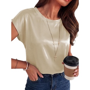 image:imageANRABESS Womens Satin Tops Cap Short Sleeve Crew Neck Shirts Dressy Business Casual Office Blouse Silky 2026 Summer OutfitsBeige
