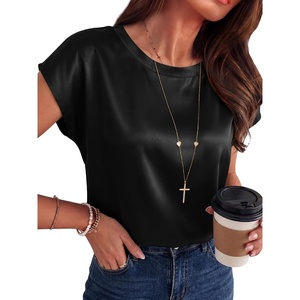 image:imageANRABESS Womens Satin Tops Cap Short Sleeve Crew Neck Shirts Dressy Business Casual Office Blouse Silky 2026 Summer OutfitsBlack