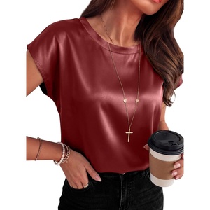 image:imageANRABESS Womens Satin Tops Cap Short Sleeve Crew Neck Shirts Dressy Business Casual Office Blouse Silky 2026 Summer OutfitsDeep Red