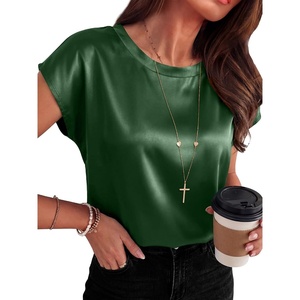 image:imageANRABESS Womens Satin Tops Cap Short Sleeve Crew Neck Shirts Dressy Business Casual Office Blouse Silky 2026 Summer OutfitsGreen