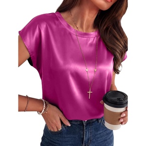 image:imageANRABESS Womens Satin Tops Cap Short Sleeve Crew Neck Shirts Dressy Business Casual Office Blouse Silky 2026 Summer OutfitsHot Pink