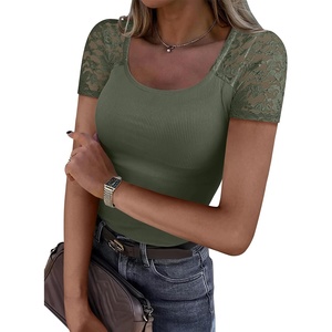 image:imageANRABESS Womens Short Sleeve Shirts Scoop Neck Lace Going Out Tops Slim Fit Rib Knit Casual Tee 2026 Summer Fashion OutfitsArmy Green