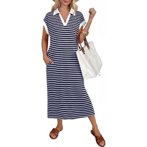 image:imageANRABESS Womens Summer Casual Polo V Neck Dresses  Short Sleeve Split Tshirt Maxi Dress with Pockets Soft WrinkleFree Loose Fit Beach Vacation Travel Outfit Summer ClothesBlue White Stripe